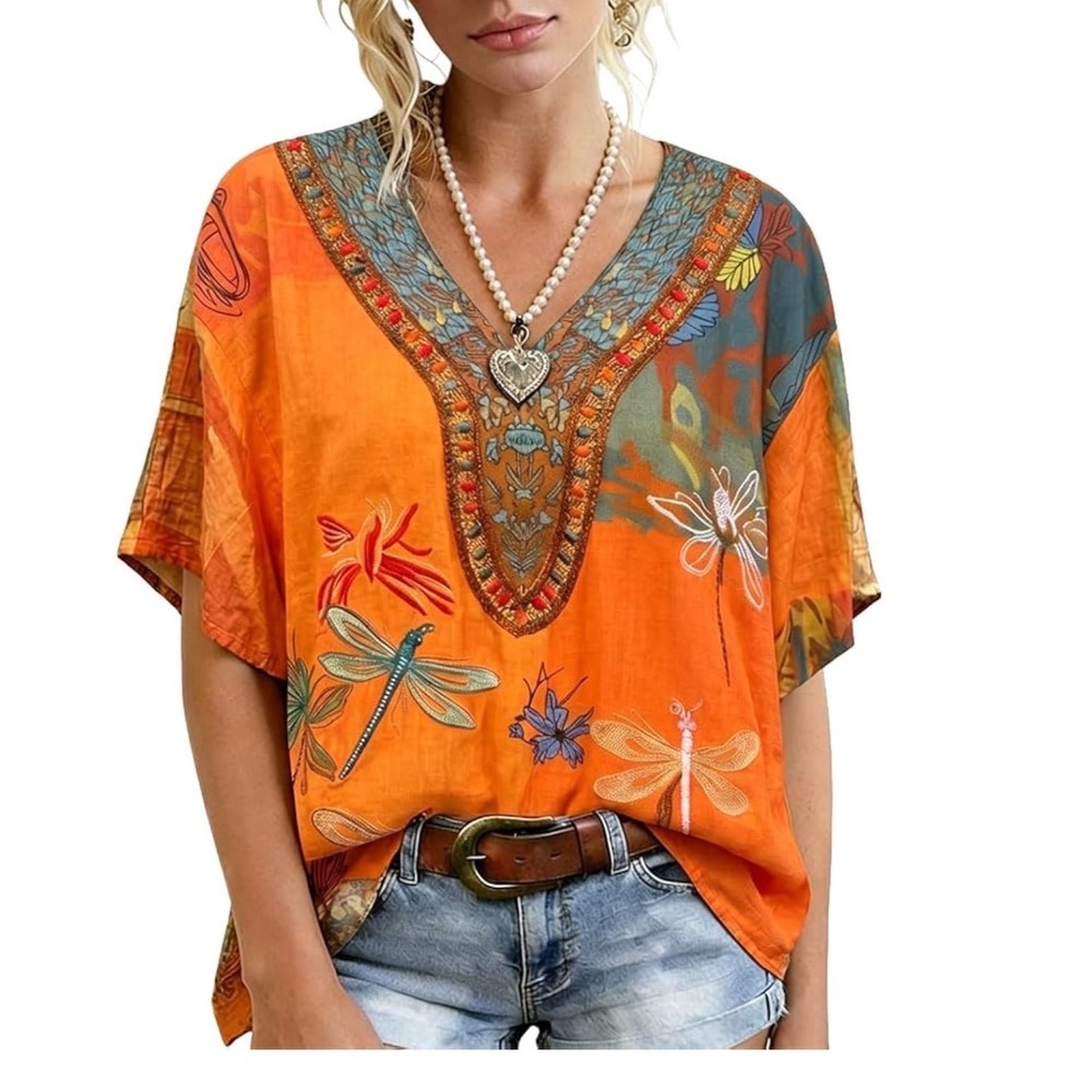 Cherrybetty Tunic Top Womens XXL Orange Boho Dragonfly V-Neck Art To Wear resort